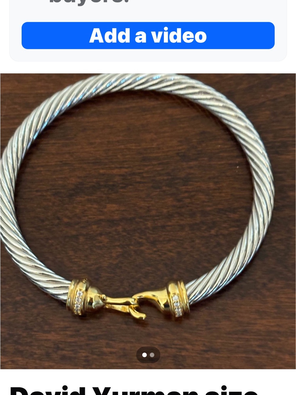 David Yurman Silver Cable Bracelet with Gold Clasp and Diamond Accents